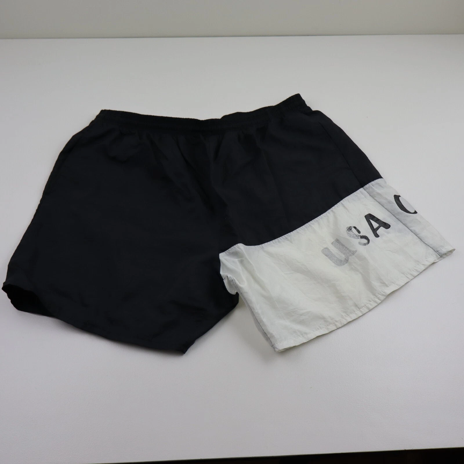 Vtg USA Olympics Satin Shorts Mens XL Black White 90s Track Nylon Silky Retro