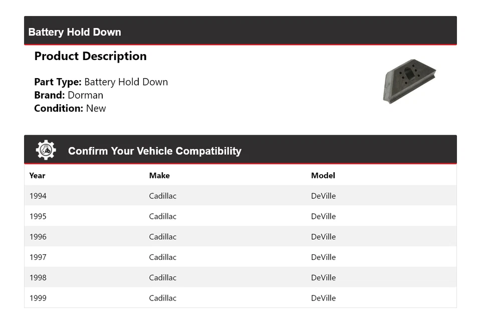For 1994-1999 Cadillac DeVille Dorman Battery Hold Down 1995 1996 1997 1998 - Image 2 of 4