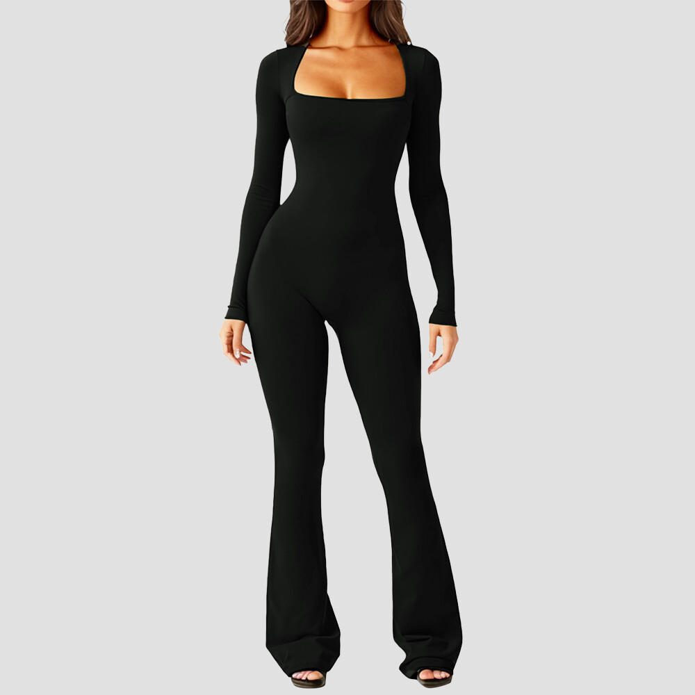 Womens Romper Flared Pants Stretch Jumpsuit Unitard Bodysuit All In One