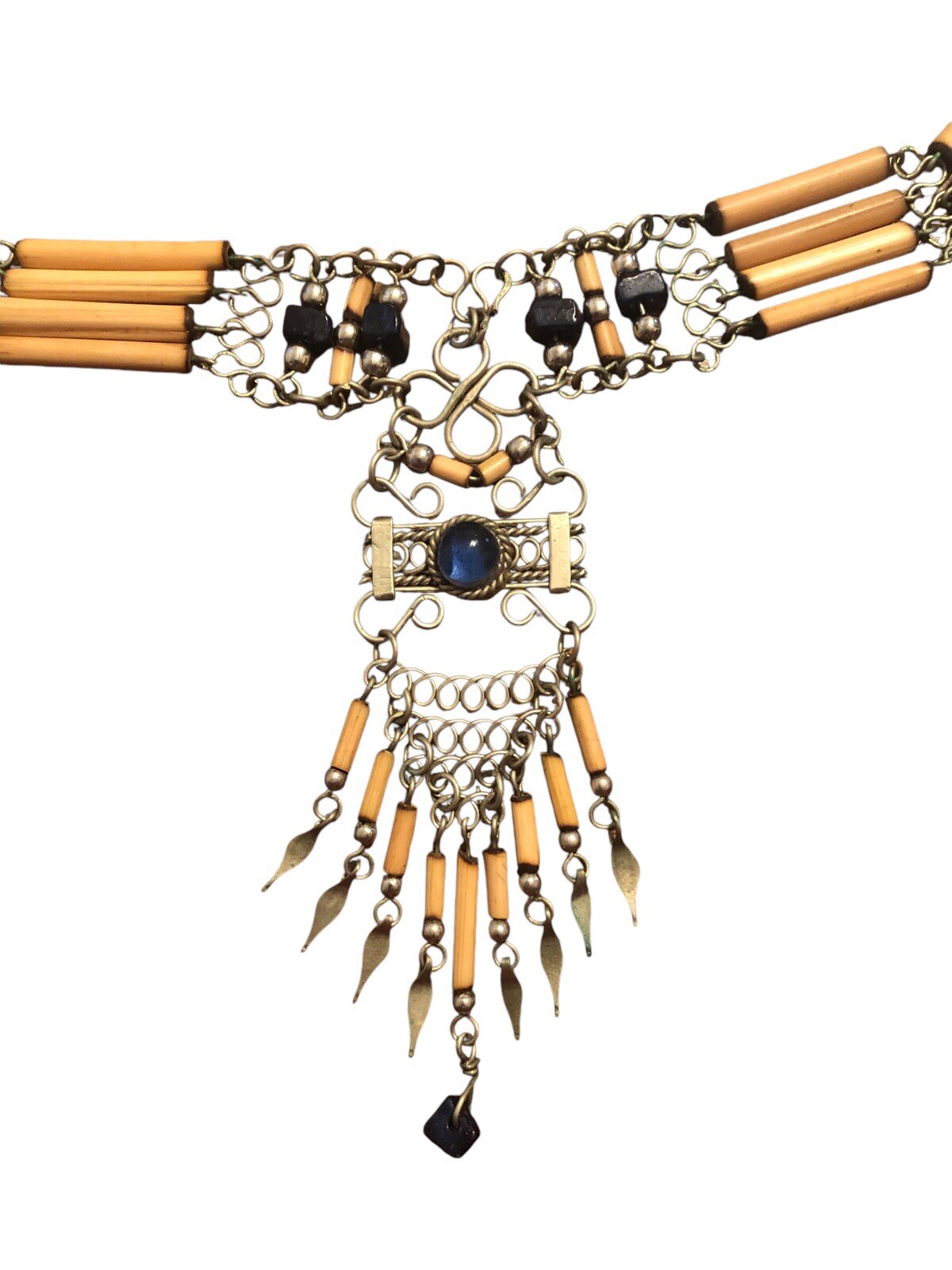 Peruvian Silver Tone Beaded Black Stone Bamboo Ne… - image 2