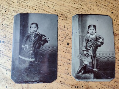 Pair Of Antique Tin Type Little Boy & Girl Siblings circa 1890s Photographs 3x2''