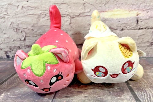 Set Of 2 - APHMAU Pink Strawberry Plush Kitten / White Ice Cream Cone Kitten