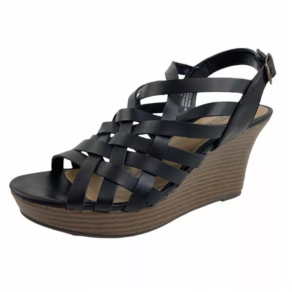 Size 10 Seychelles Woven Vegan Leather Black Wedges Slingback Ankle Strap