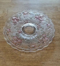 Vintage Cake Plate Clear Glass with  Pink Flowers Ruffled Edge 13.5”