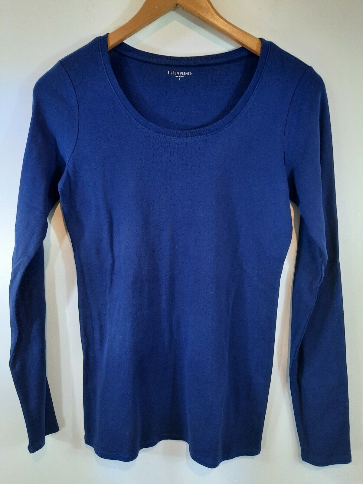 Eileen Fisher Top Small Organic Cotton Baby Rib Knit Slim Blue Long Sleeve Shirt