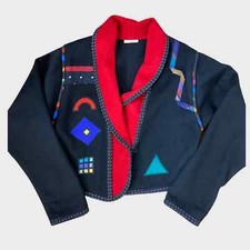 Vintage Lynn Murray Black Felt Wool Colorful Abstract Patchwork Cropped Jacket