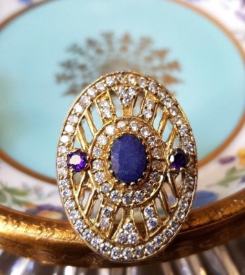 Vintage Sapphire Cubic Zirconia Ring 925 Sterling Silver Plated Size 