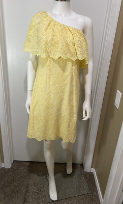 Ralph Lauren Womens Yellow One Shoulder Overlay Crochet Asymmetrical Neckline Above The Knee Dress Size: 12, Women's