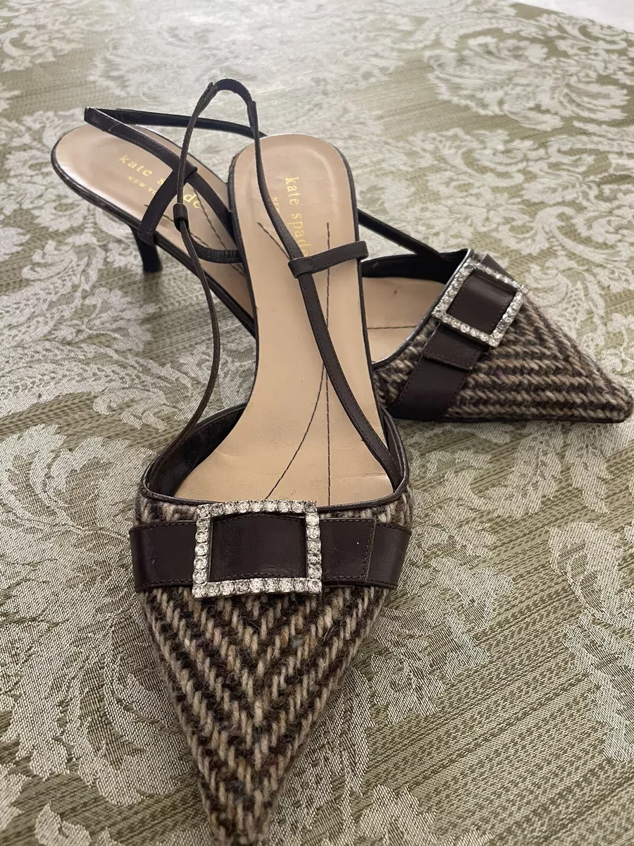 KATE SPADE Shoes Size 8.5 Tweed Buckle Brown Leather Heels ITALY vintage y2k