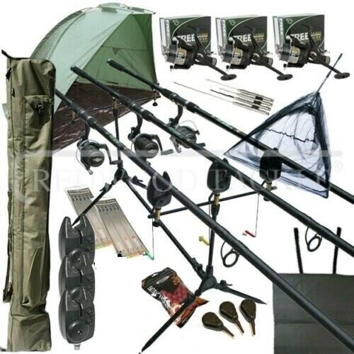 Carp Fishing Mega Set Up Kit 3PC Rods Reels Tackle, Tools Mat Rigs