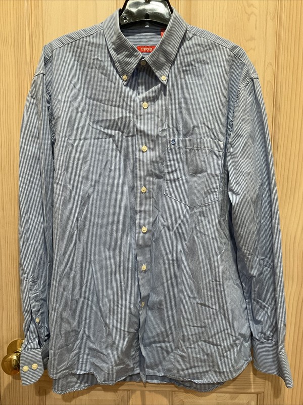 IZOD Blue White Gingham Checked Button Down Men’s Dress Shirt Large L Pre-Owned