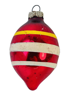 Hand Blown Glass Teardrop Ornament Red White Yellow Stripe Shiny Bright Vintage
