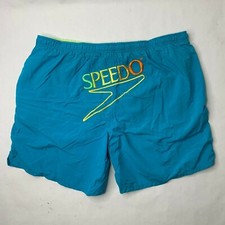 Vtg Speedo Men Lrg Blue Swim Trunks Board Shorts Rainbow Embroidered Spell Out P