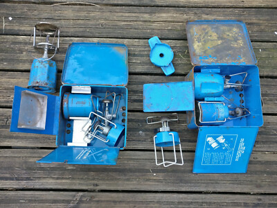 2 x VINTAGE CAMPING GAZ SUPER BLEUET DE LUXE BRENNER GASKOCHER + EXTRAS