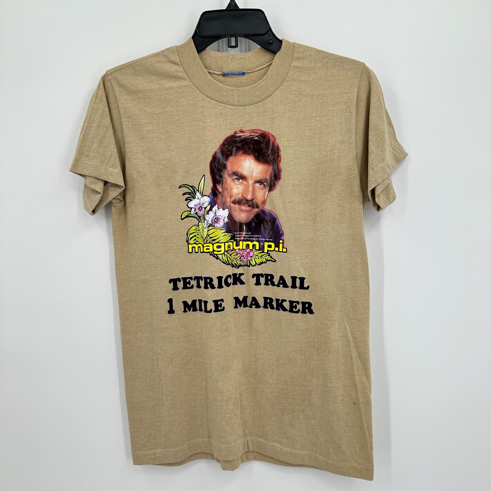 Vtg Thomas Magnum P.I T-shirt S Brown TV Television Iron On Transfer 80s Hawaii