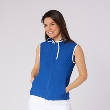 Swing Out Sister Ladies Gilet in Blue With Hood & Neat Trim
