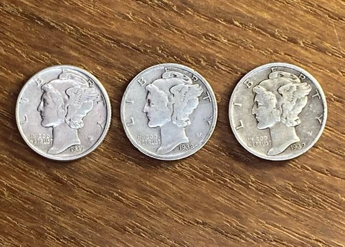 1937–1939 Mercury Dime Set 3 Coins 90% Silver Pre-WWII US Coin Lot S Mints