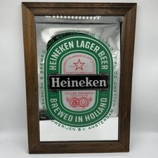 Vintage Heineken Beer Mirror Sign Wood Frame Bar Pub Decor 20x15in Sign