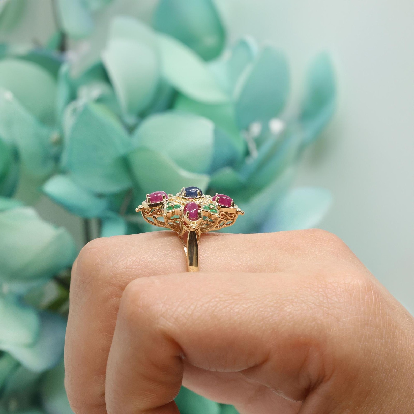 Ruby Sapphire Emerald Statement Ring 14K Yellow G… - image 6