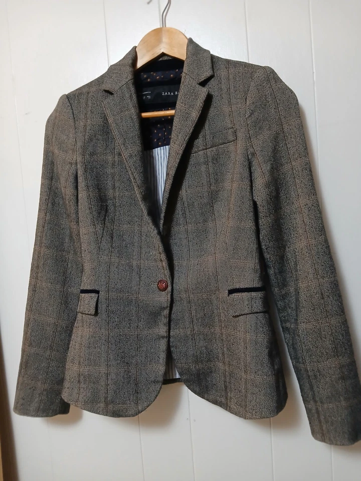 Blazer de negocios Zara básico a cuadros de lana con parches en el codo con un botón XS Foto 2 de 4