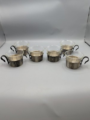 JENA GLAS Schott Mainz 6 Cup Holders With Glass Cups Vintage Shott & Gen Mainz