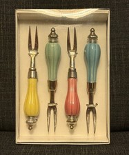 Set of 4 Julia Knight "Peony" Cocktail Forks Designer Enamel Pastel Handles NEW