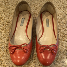 PRADA Womens Orange Leather Ballet Flats Roun...
