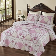 Pink Patchwork Quilt Set Queen Size Reversible Quilted Bedspread Coverlet Set 3-