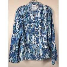 Chicos Blue Ikat Linen Blend Zip Front Jacket Mock Neck Size Large Coastal Boho