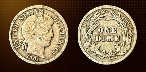1906 Barber .90 Silver Dime. Philadelphia Mint. (F) Fine. See My Other Listings