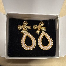Gold Tone Teardrop Dangle Earrings Cream Simu...