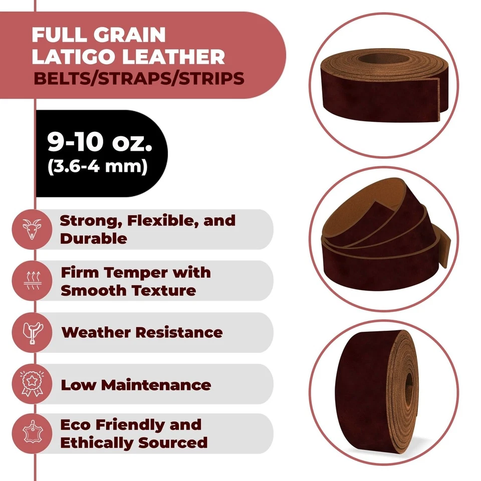 ELW 9-10 oz (3.6-4mm) Latigo Leather Straps Belt Grade 50" Cowhide Strips - Image 2 of 4