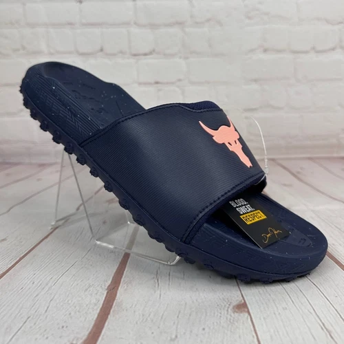 Under Armour Project Rock 3 Midnight Navy Flare Orange Slides Sz 10 3026034-403