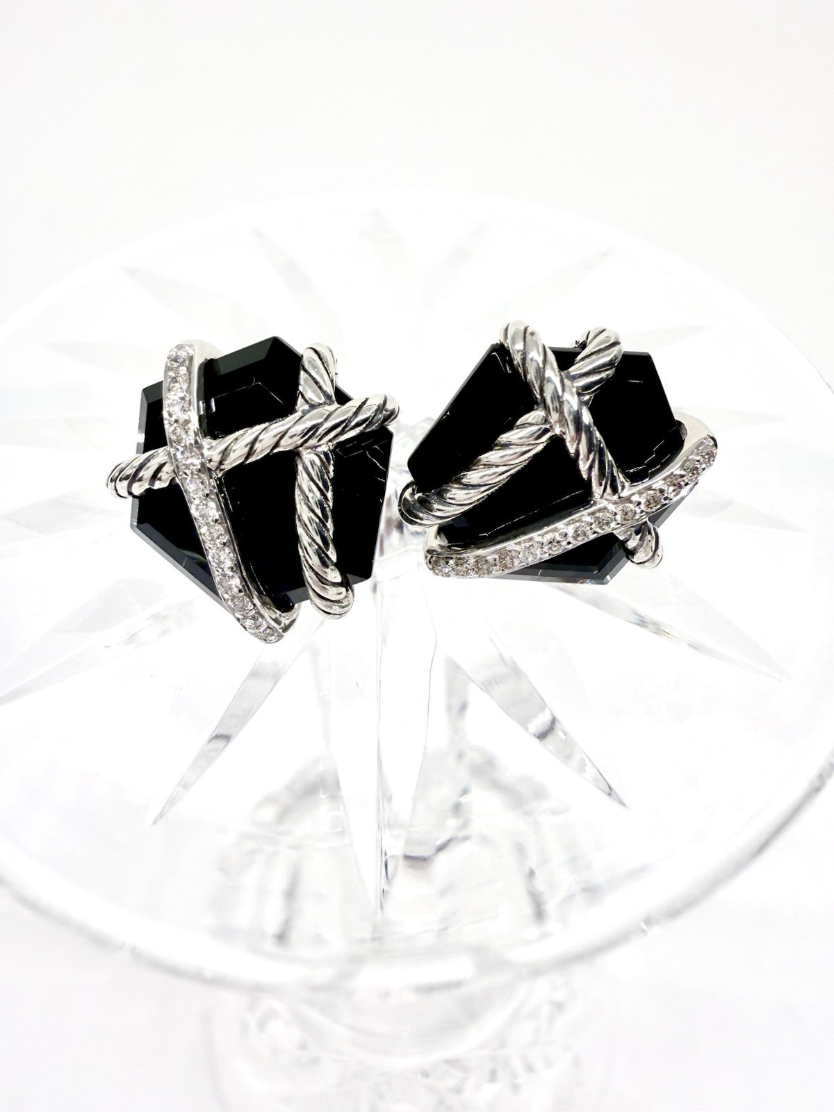 David Yurman Extremely Rare Octagon Onyx Rope Wrapped Stud Earrings W/ Diamonds