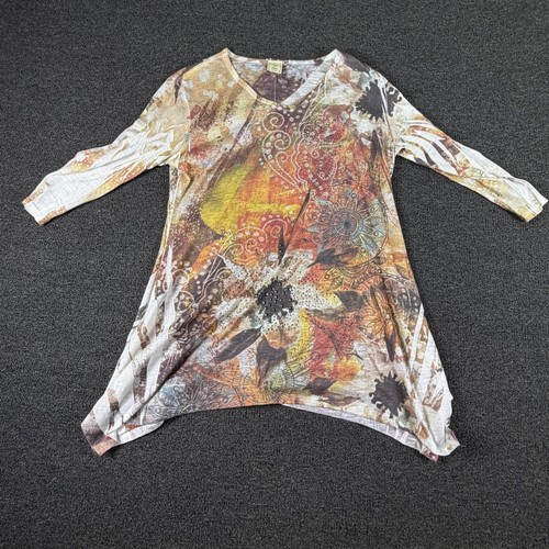 Jess & Jane Tunic Top Womens M Boho Abstract Floral Multi Sharkbite EUC