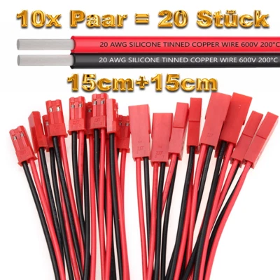 10x Paar Original JST BEC Stecker Buchse 15cm Kabel LED ESC Lipo Akku 20AWG 2Pin - Bild 1 von 4