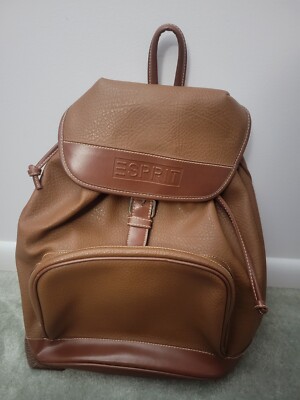 Vintage Esprit Brown Book Bag Backpack Faux Leather