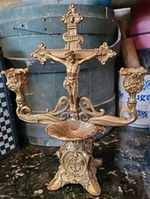 Antique Religious Bronze Holy Water Font Gilt  Exceptional Detail 