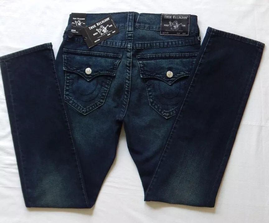 NWT MEN’S TRUE RELIGION GENO RELAXED SLIM FLAP BIG T DARK WASH JEANS Sze 30 x 34