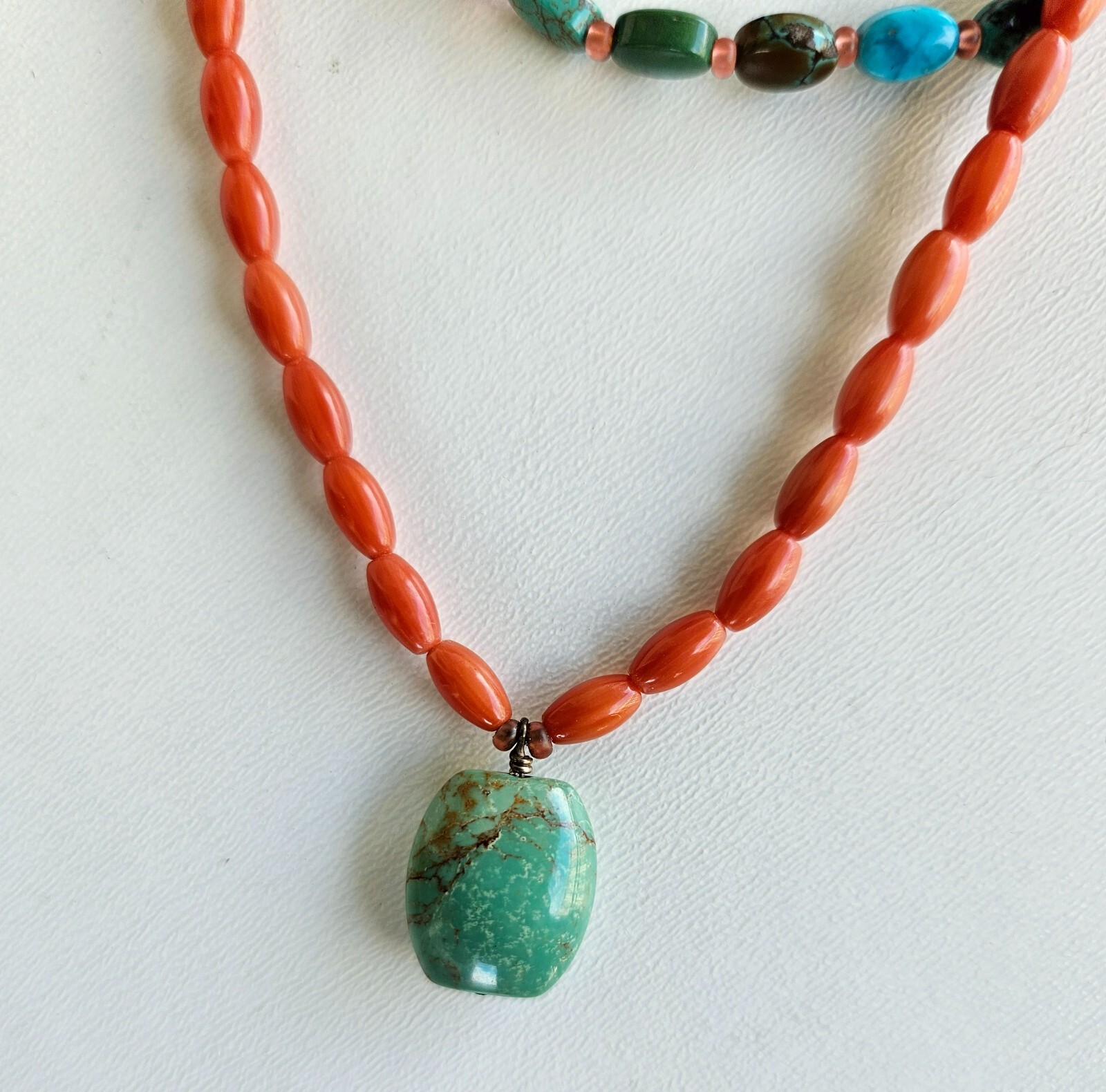 Vintage Natural Undyed Red Coral & Turquoise Bead Necklace Sterling Silver Clasp