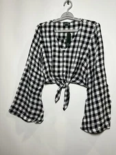 Womens Gingham Check Bell Sleeve Tie Front Woven Top - Wild Fable Black/White XL