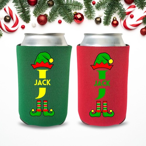 Custom Christmas Party Gift Can Cooler, Elf Monogram With Your Name Beer Coolies - Foto 1 di 14