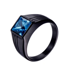 Sky Blue CZ Inlaid Black Signet Ring Stainless Steel Men Women Wedding Band Ring