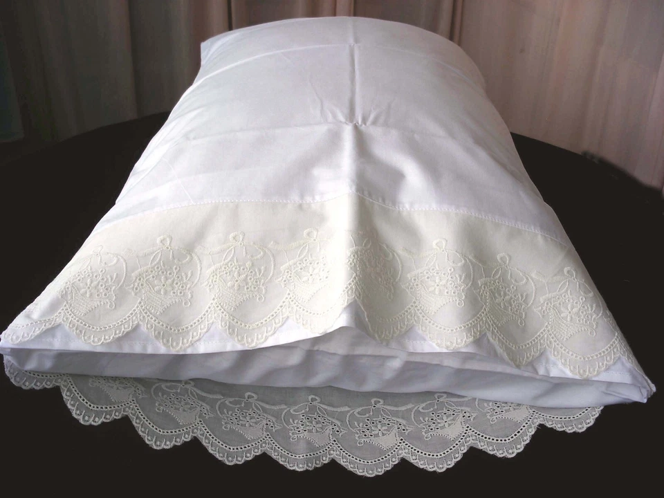 全新 白色 100% 棉刺绣 蕾丝枕头 标准大号 King 对 M18# — 第 2/4 张图片