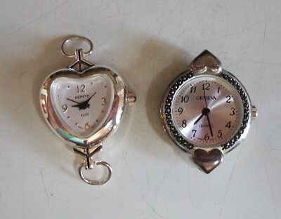 WOMEN'S SET OF 2 SILVER FINISH HEART WATCH FACES FOR BEADING,RIBBON OR OTHER USE