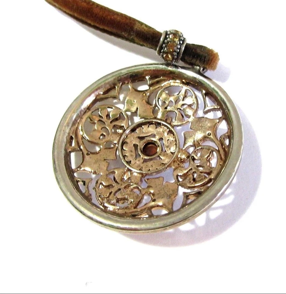 FANCY PENDANT BROWN VELVET CORD NECKLACE FAUX SEED PEARLS CRYSTALS YELLOW GREEN - Image 2 of 4