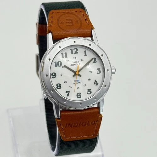 Unisex Vintage 1994 TIMEX Silver Tone Watch, Teal & Brown Leather, Indiglo, 33mm
