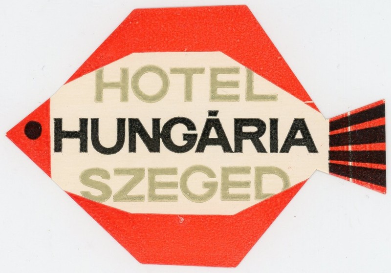 Hotel Hungaria Szeged Hungary Vintage Luggage Label Fish Mid-Century Ephemera