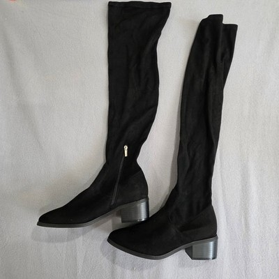 NY&C Black Over The Knee Boots Faux Suede Block Heel Stretch OTK Tall Boots 8