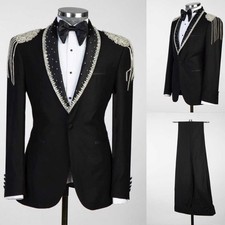 Men Slim Black Tuxedo Suits Crystal Fringe Shoulder Wedding Prom 2 Pieces Set